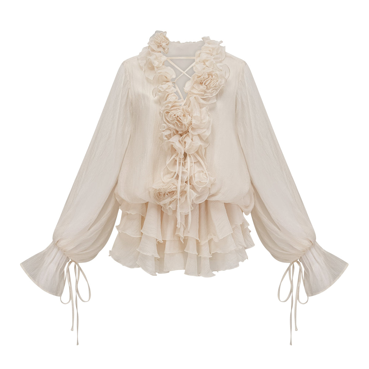 Misomo Floral-Appliqué Tiered Mini Dress in Neutrals