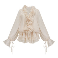 Misomo Floral-Appliqué Tiered Mini Dress in Neutrals
