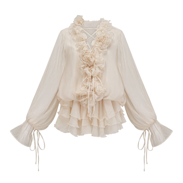 Misomo floral-appliqué tiered mini dress in Neutrals