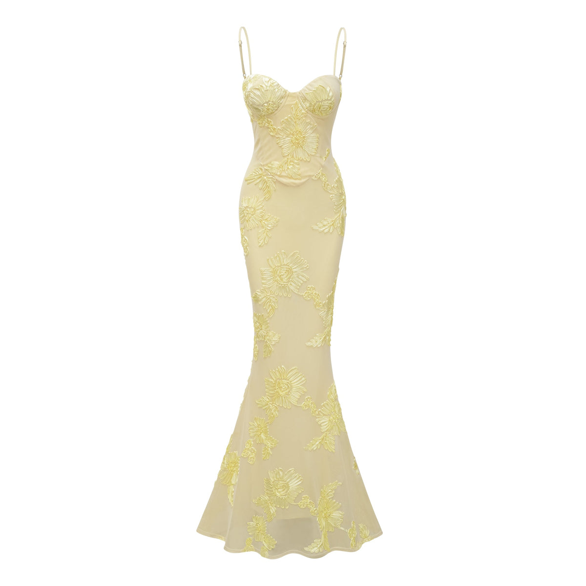 Bernice Yellow Floral Appliqué Corset Maxi Dress