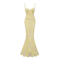 Bernice Yellow Floral Appliqué Corset Maxi Dress