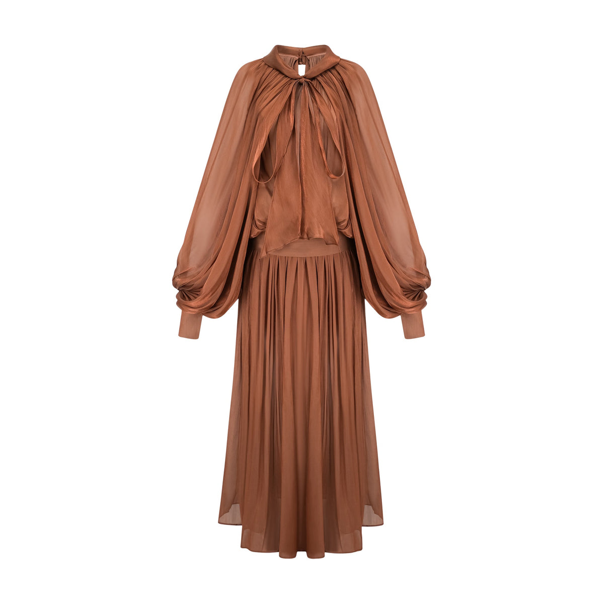 Aqil Brown Pleated Satin Maxi Dress