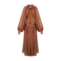 Aqil Brown Pleated Satin Maxi Dress