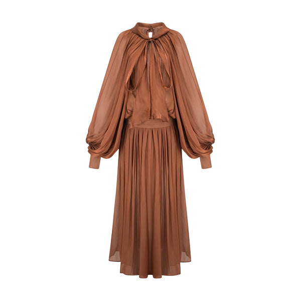 Aqil Brown Pleated Satin Maxi Dress