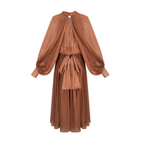 Aqil Brown Pleated Satin Maxi Dress