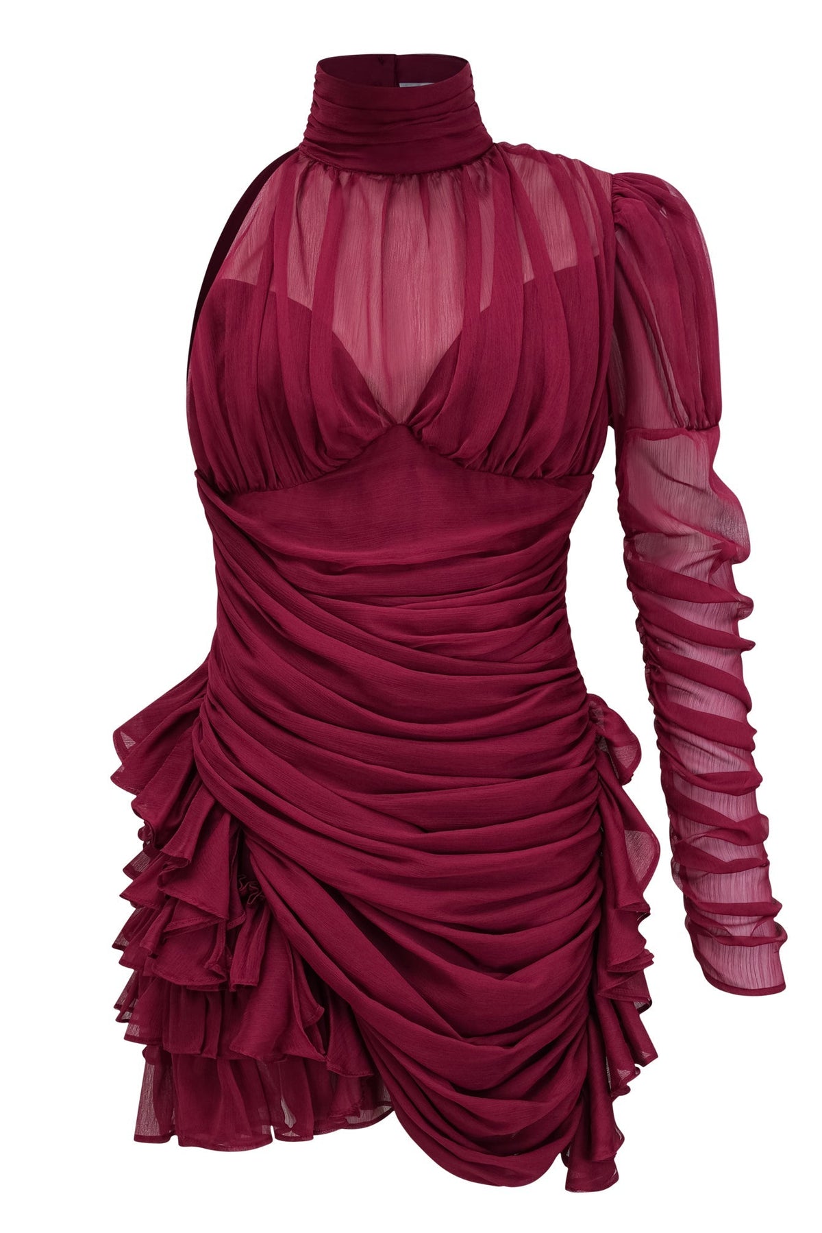 Fergella Burgundy Asymmetrical Ruffled Tulle Mini Dress