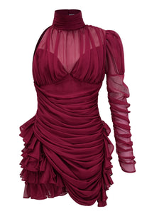 Fergella Burgundy Asymmetrical Ruffled Tulle Mini Dress