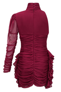 Fergella Burgundy Asymmetrical Ruffled Tulle Mini Dress
