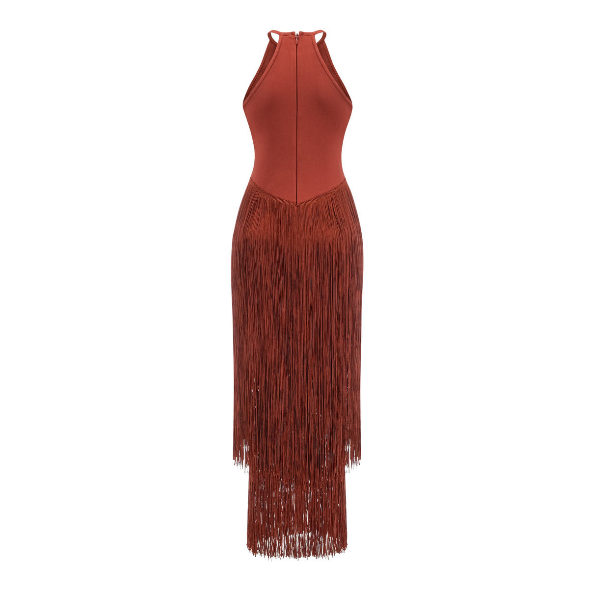 Delta Rusty Red Halterneck Fringed Maxi Gown
