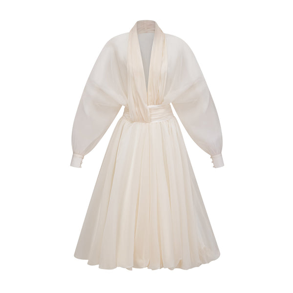 Magali Cream White Draped Tulle Maxi Dress