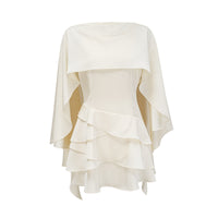 Aubos White Satin Ruffled Mini Dress with Shawl Panel Detail