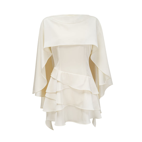 Aubos White Satin Ruffled Mini Dress with Shawl Panel Detail