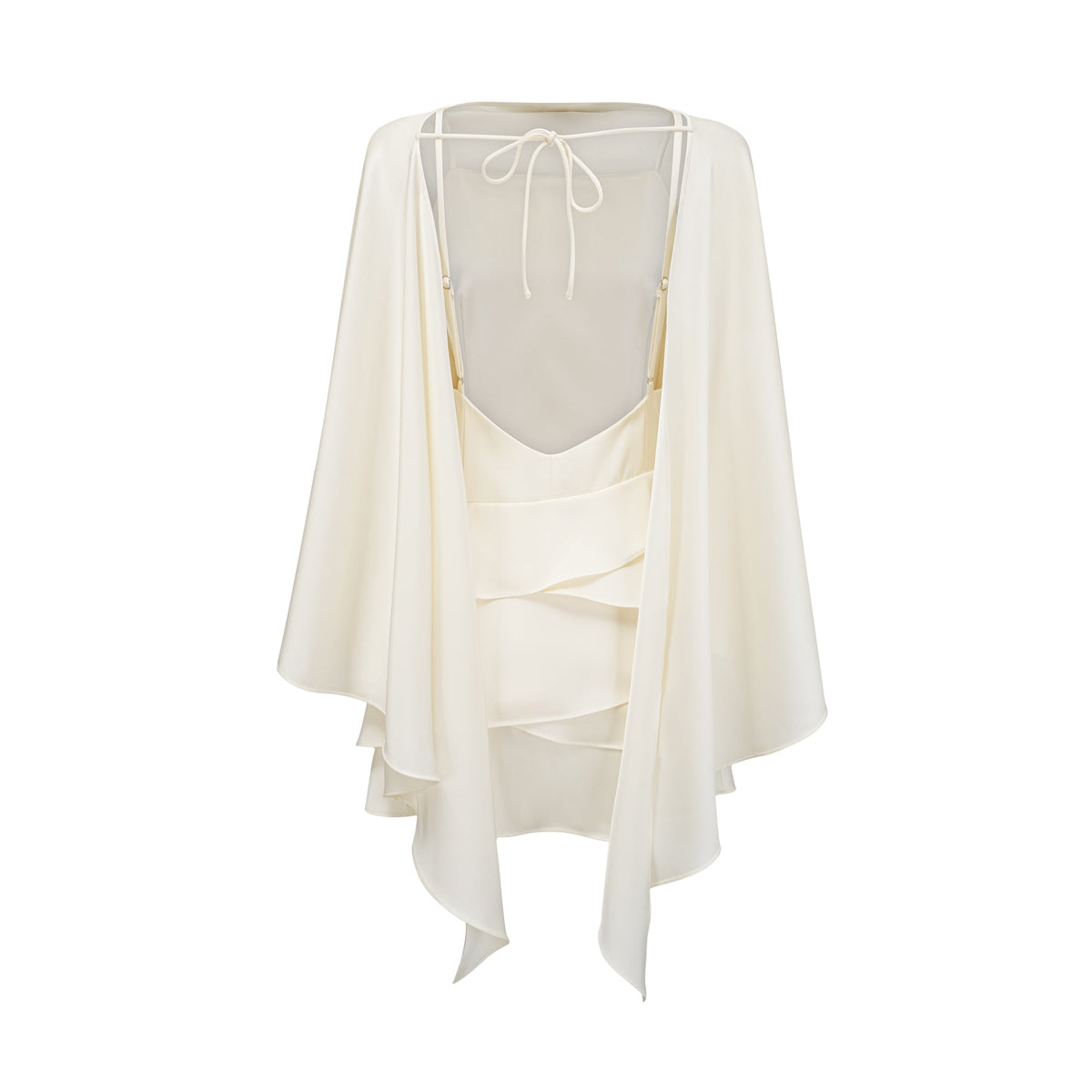 Aubos White Satin Ruffled Mini Dress with Shawl Panel Detail