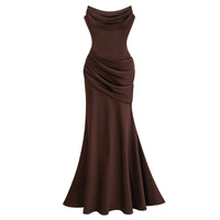 Pisunila Brown Ruched Satin Maxi Dress