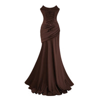 Pisunila Brown Ruched Satin Maxi Dress