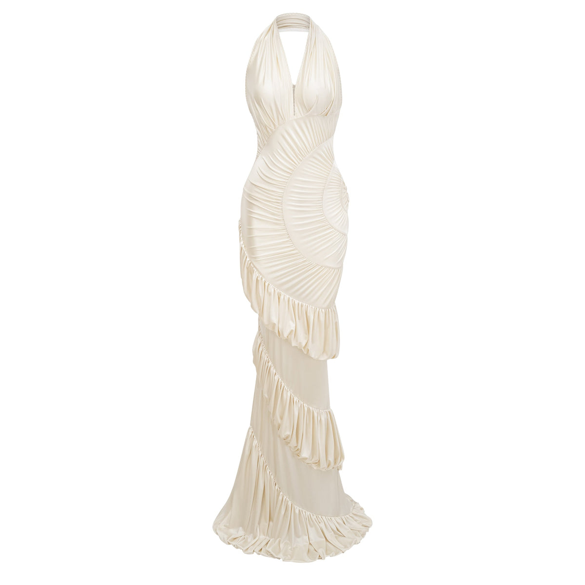Marilou Cream White Halterneck Shirred Maxi Dress