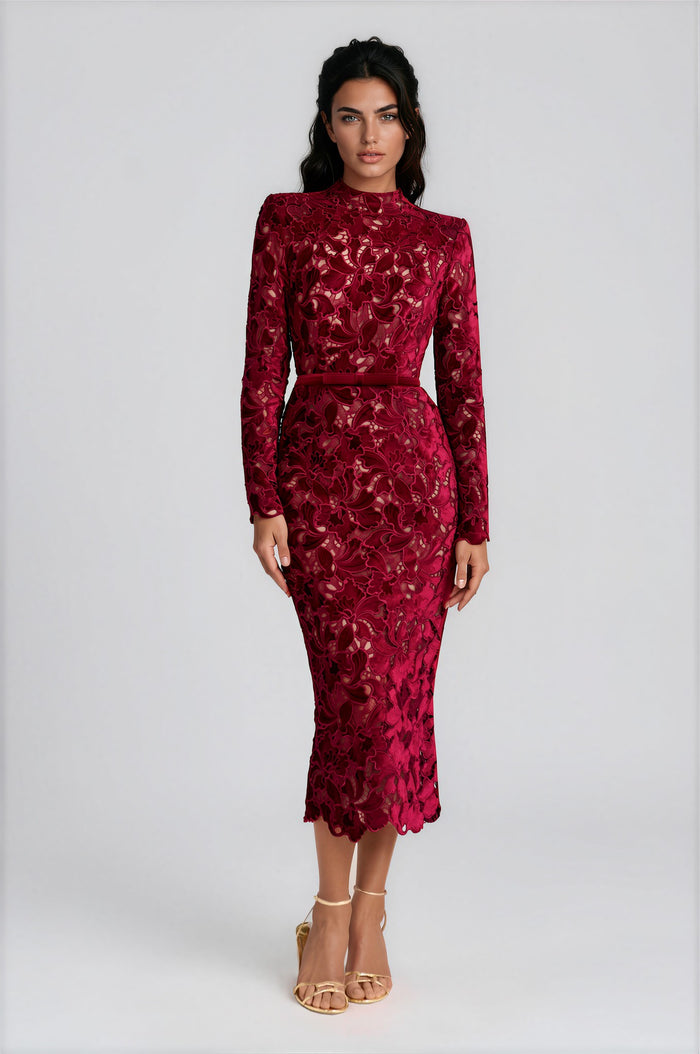 Pénélope Red Floral Embroidered Midi Dress