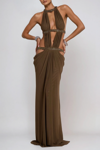 Invidia Plunge Backless Cutout Maxi Dress In Olive