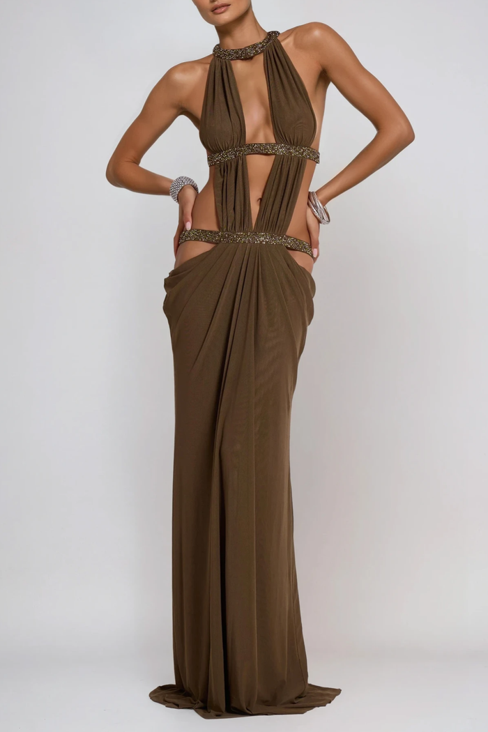 Invidia Plunge Backless Cutout Maxi Dress In Olive
