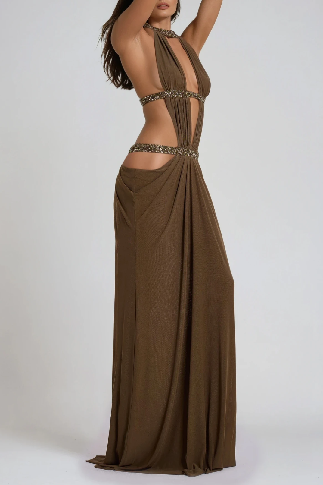 Invidia Plunge Backless Cutout Maxi Dress In Olive