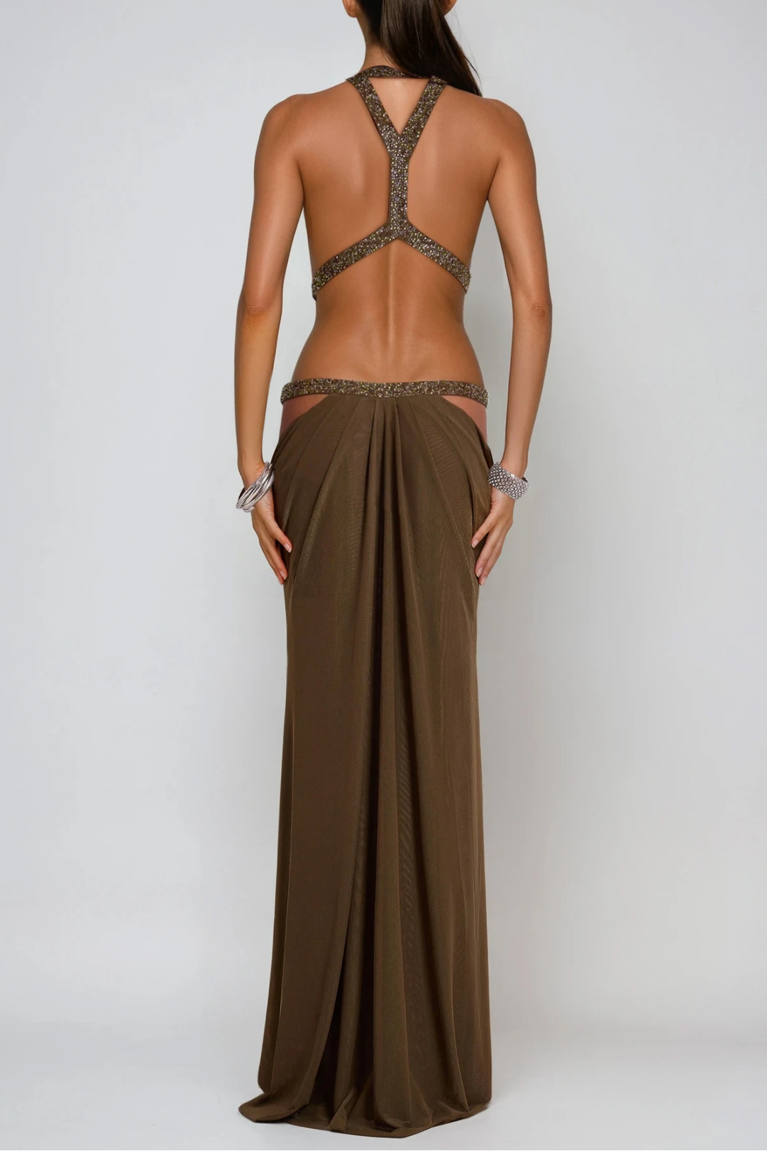 Invidia Plunge Backless Cutout Maxi Dress In Olive