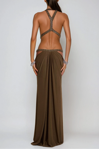 Invidia Plunge Backless Cutout Maxi Dress In Olive
