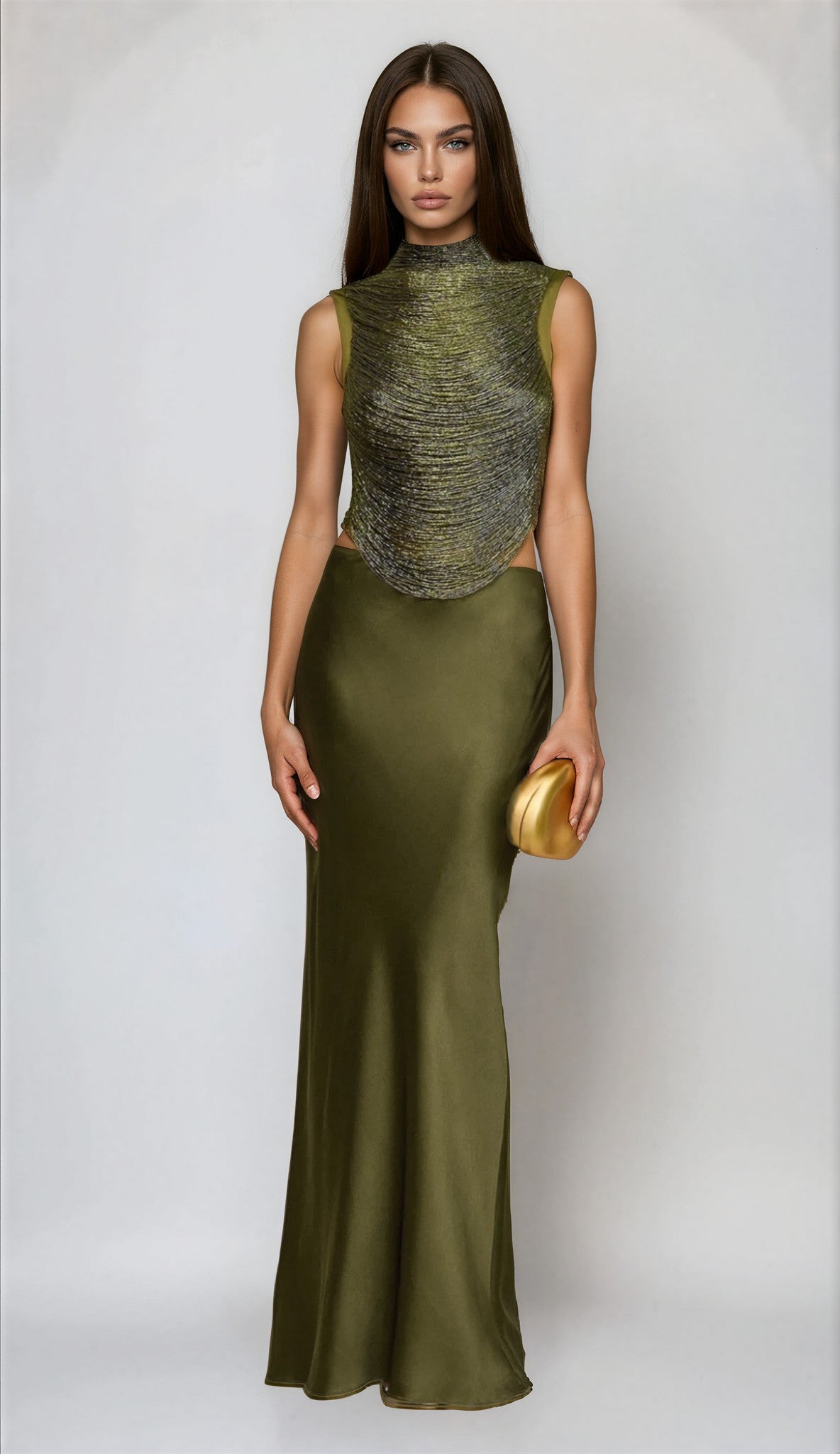 Ferdous Fringe Satin Skirt Set In Olive