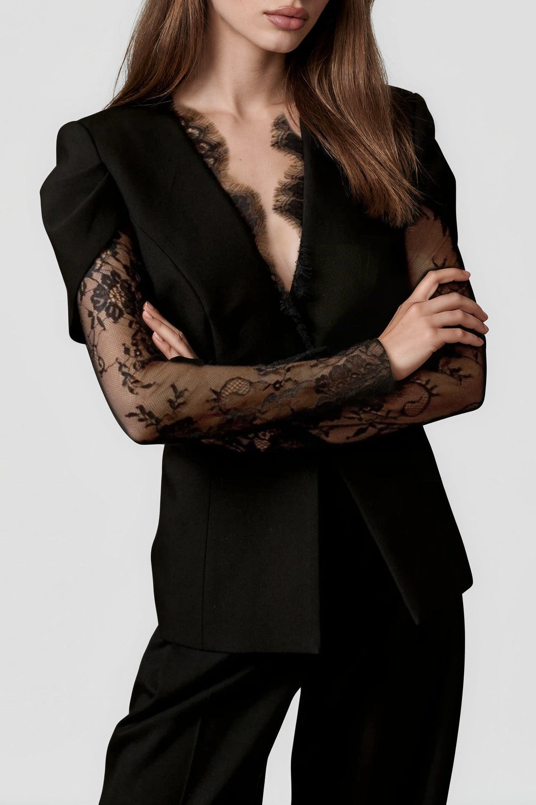 Luca Black Collarless Blazer with Lace Trim