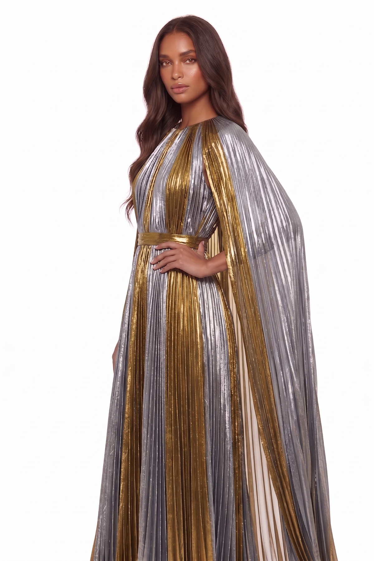 Gloria silk-lamé Shimmering Silver Cape Maxi Dress