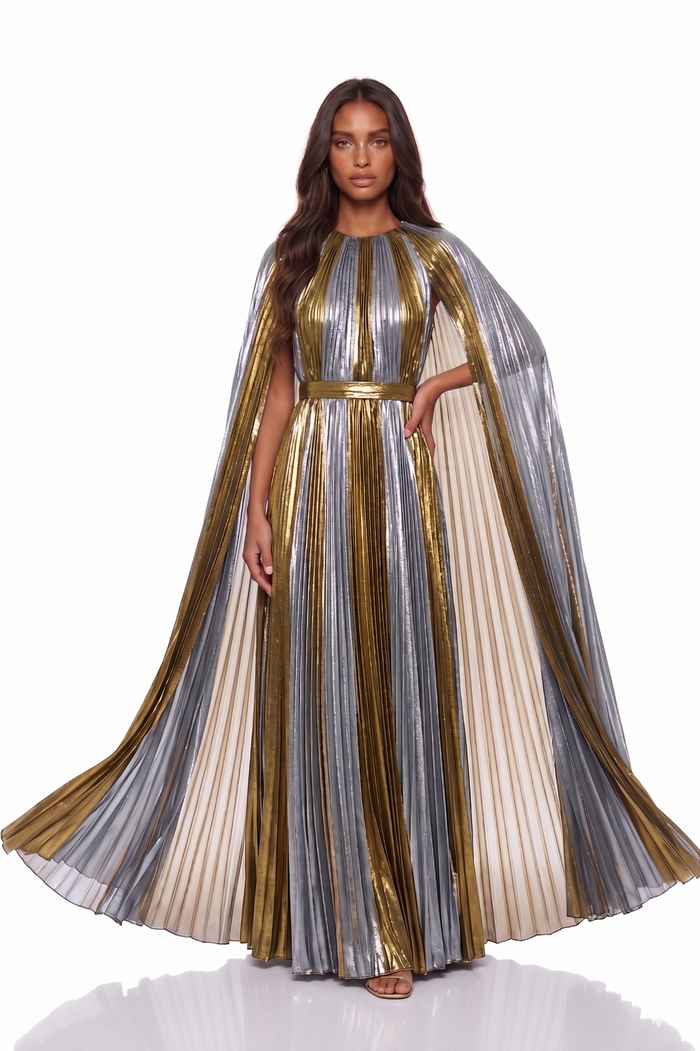 Gloria silk-lamé Shimmering Silver Cape Maxi Dress