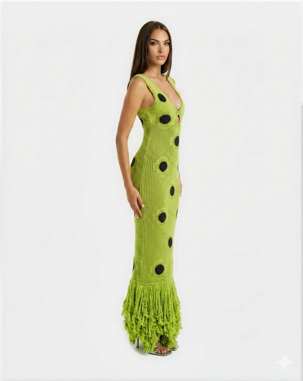 Lloyd Fringe Knit Maxi Dress In Chartreuse