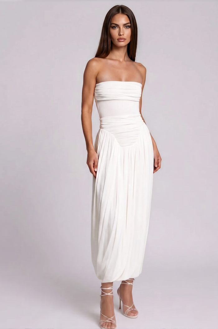 Eustace Strapless Draped Mesh Maxi Dress