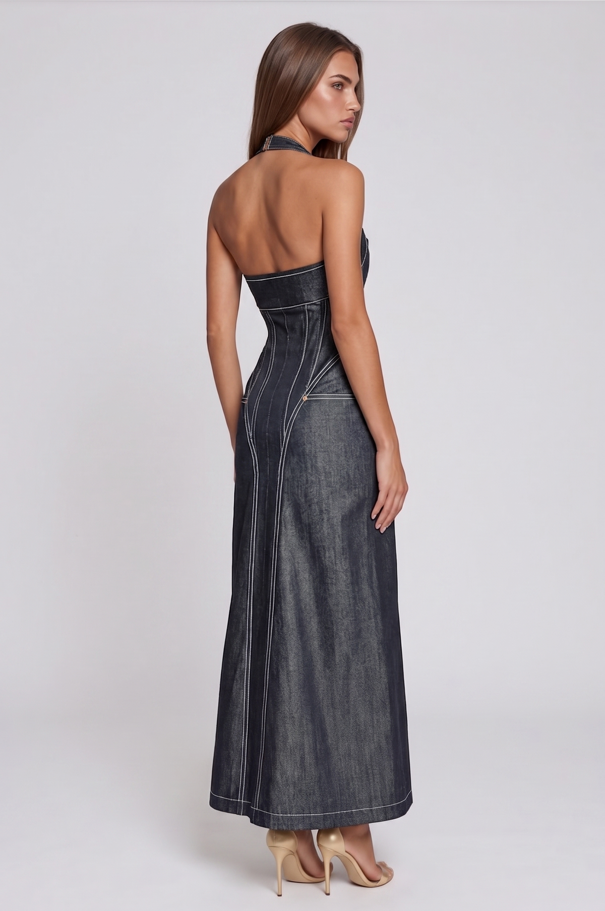 Bidelia Halter Neck Corset Denim Maxi Dress