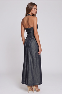 Bidelia Halter Neck Corset Denim Maxi Dress