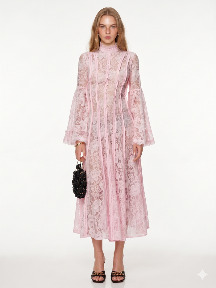 Pandorea Effortless French Elegance Blush Lace Bell Sleeve Dress