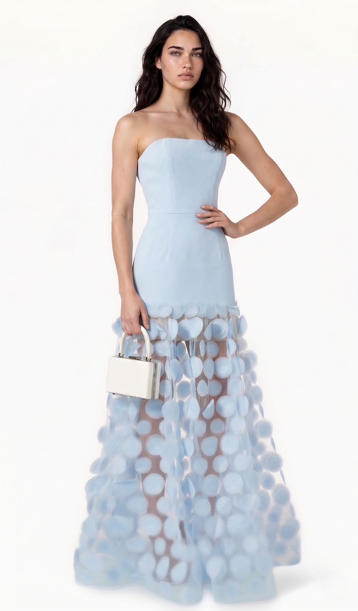 Fizzay Strapless Dot Mesh Maxi Dress In Blue