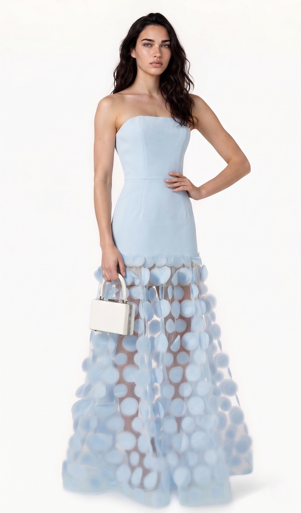 Fizzay Strapless Dot Mesh Maxi Dress In Blue