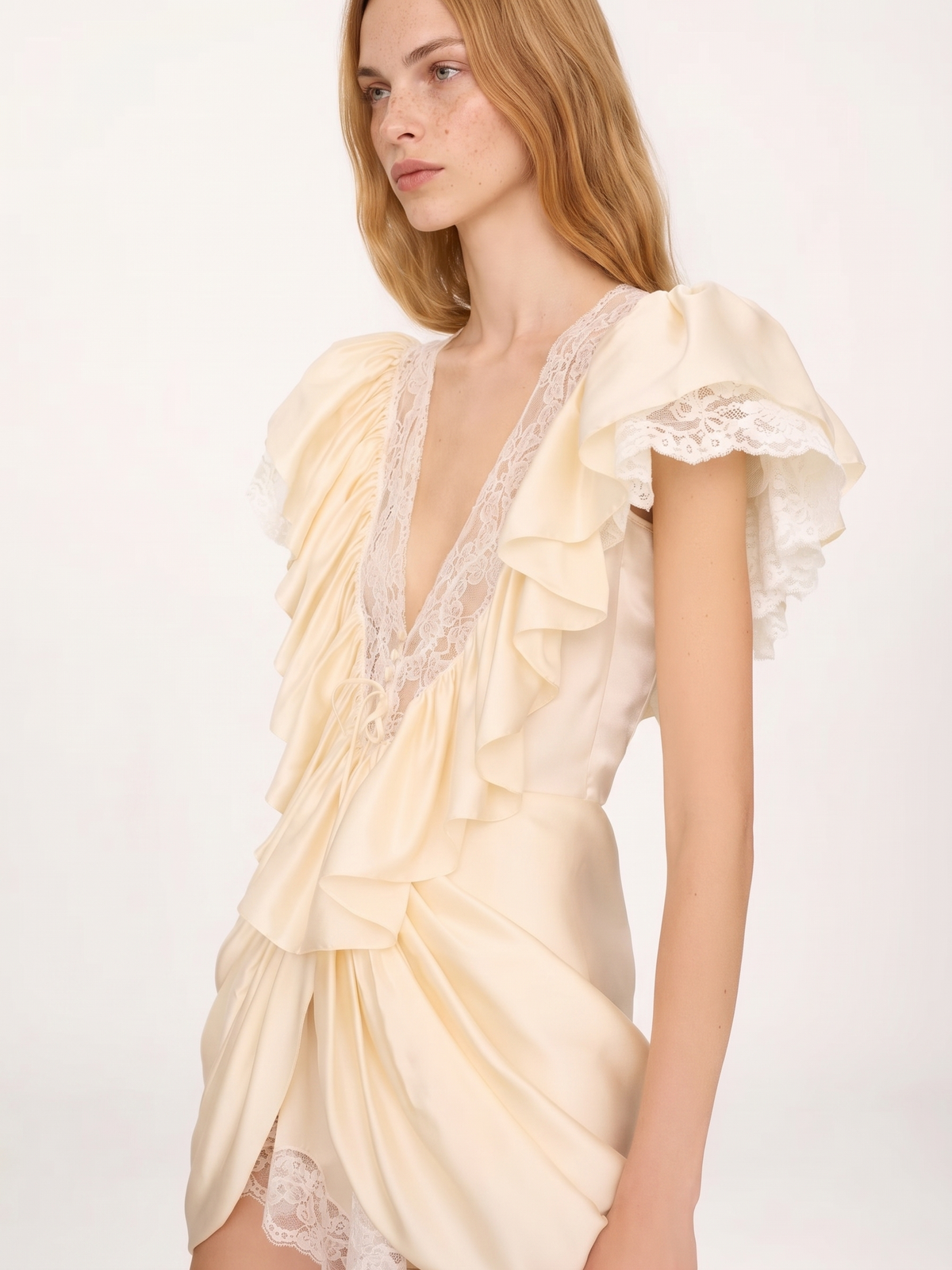 Isoldeia Cream Plunge Neck Satin Jumpsuit with Lace Panels