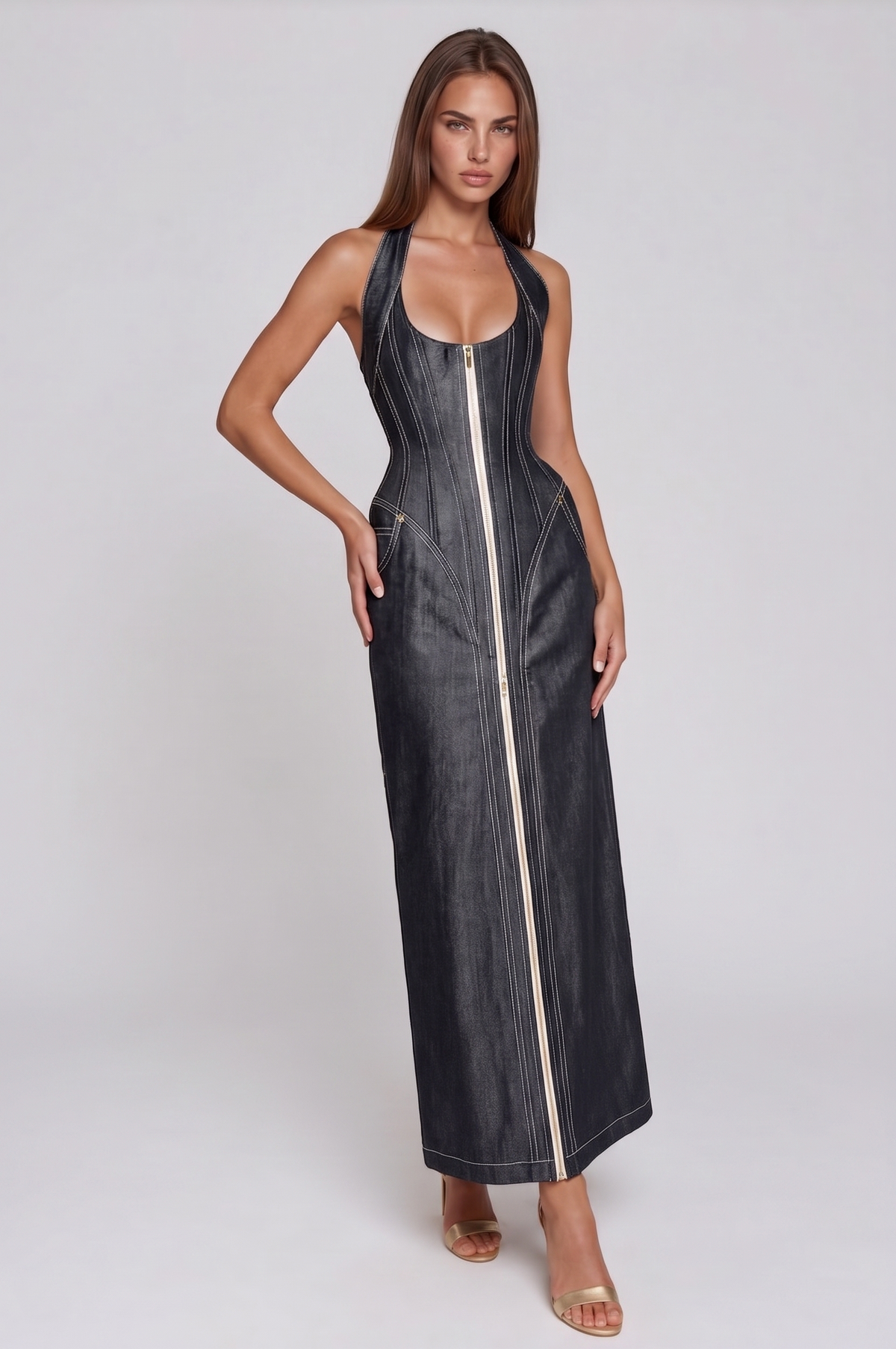 Bidelia Halter Neck Corset Denim Maxi Dress