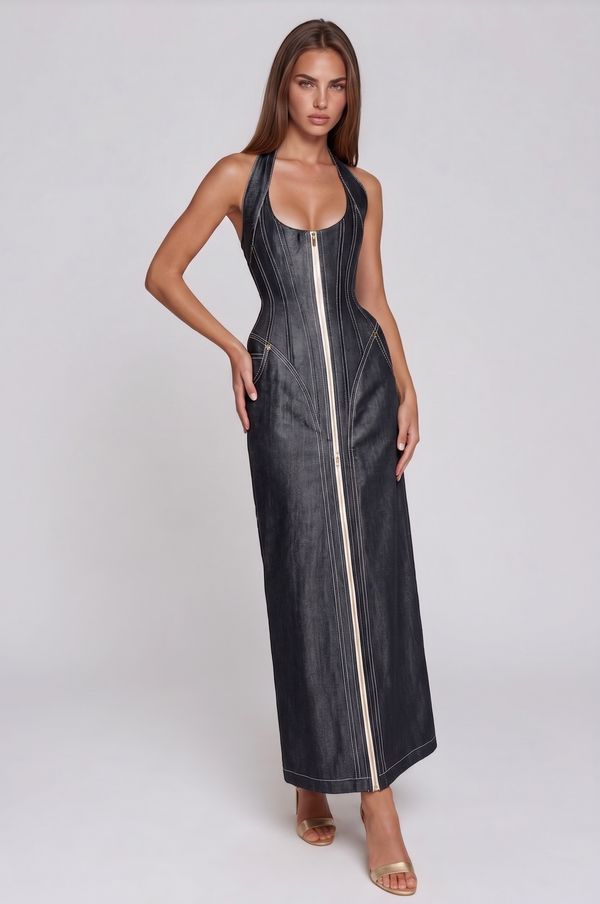 Bidelia Halter Neck Corset Denim Maxi Dress