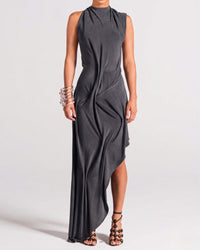 Taikioo Twist Front Draped Taupe Evening Maxi Dress