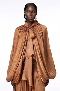 Aqil Brown Pleated Satin Maxi Dress