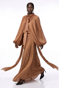 Aqil Brown Pleated Satin Maxi Dress