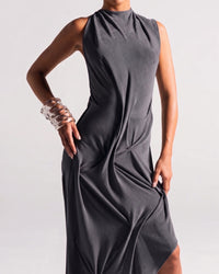 Taikioo Twist Front Draped Taupe Evening Maxi Dress