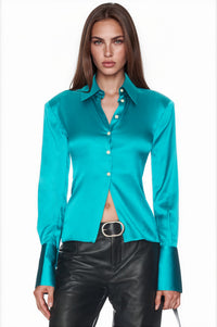 Cyrus Turquoise Satin Shoulder-Pad Fitted Shirt