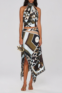 Kaula Halter Neck Print Split Skirt Set