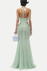 Bodie Butterfly Halter Cutout Mesh Maxi Dress - Green