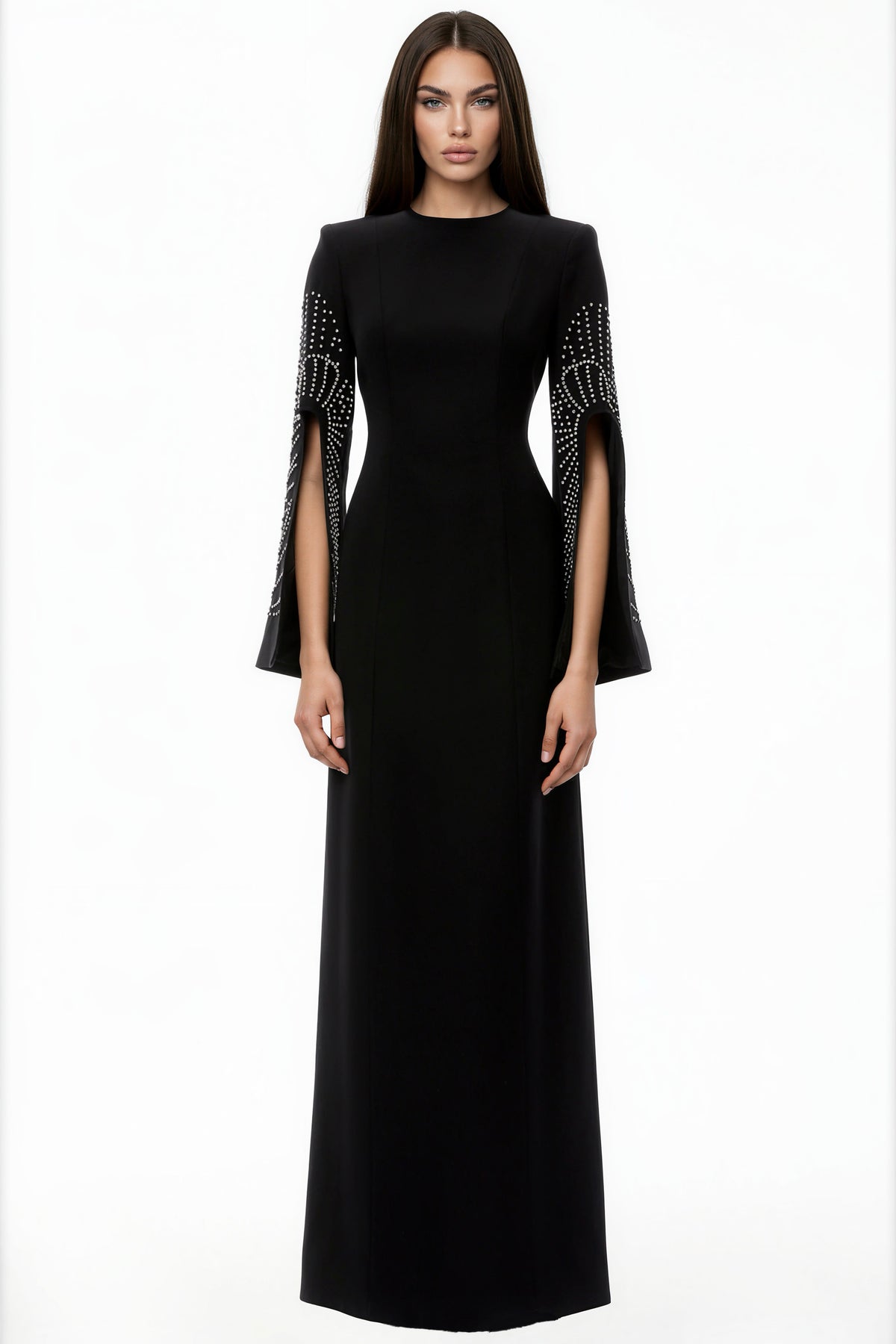 Aqvion Black Slit Sleeve Maxi Dress with Embellishment