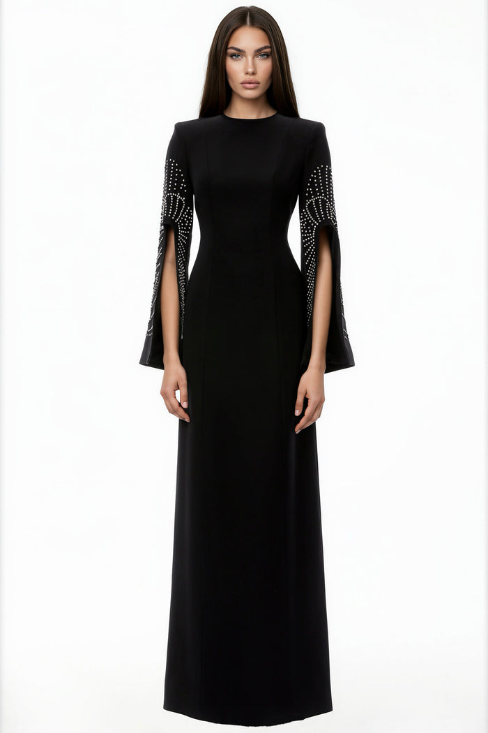 Aqvion Black Slit Sleeve Maxi Dress with Embellishment