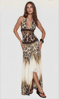 Ginevra Halter Leopard Midi Dress